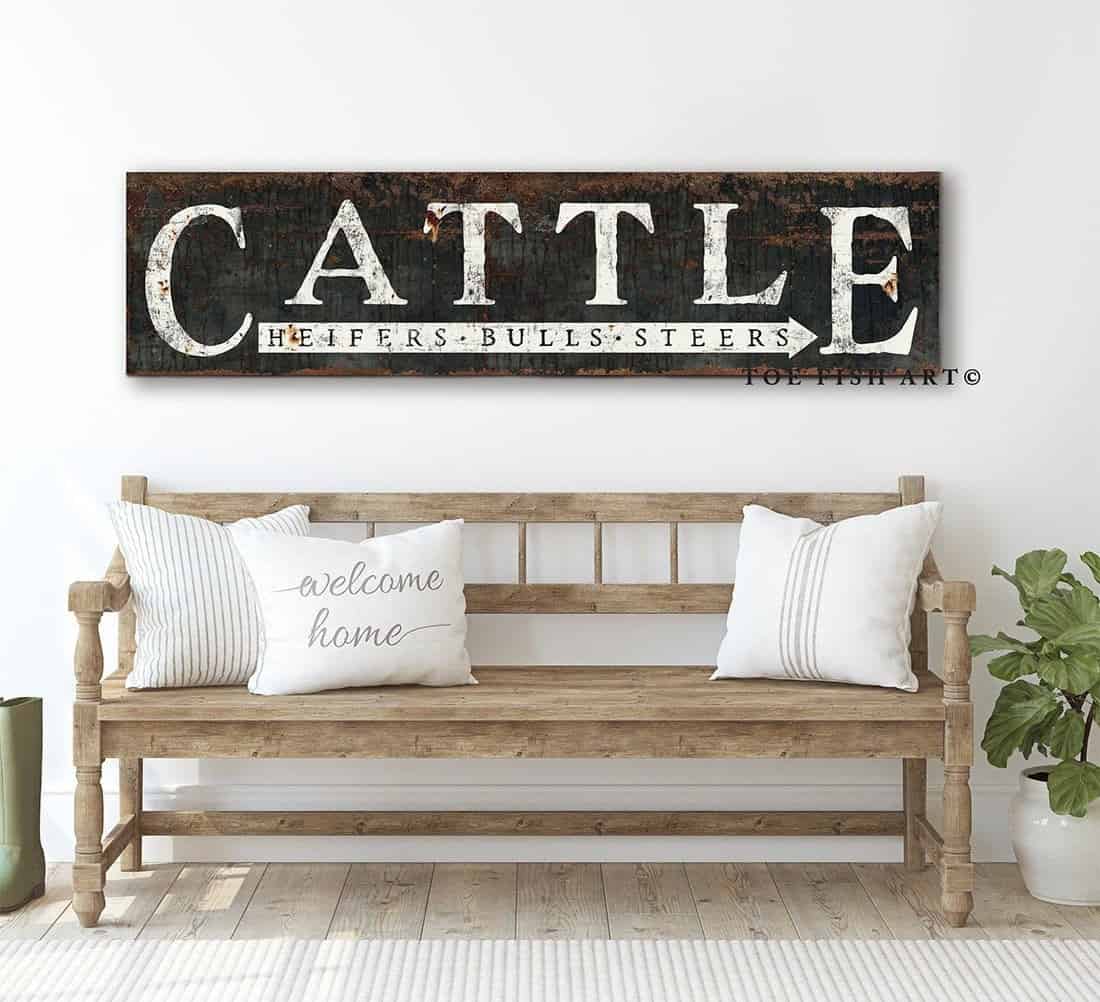 Rustic Cattle Sign Heifers Bulls Steers handmade by ToeFishArt. Original, custom, personalized wall decor signs. Canvas, Wood or Metal. Rustic modern farmhouse, cottagecore, vintage, retro, industrial, Americana, primitive, country, coastal, minimalist.