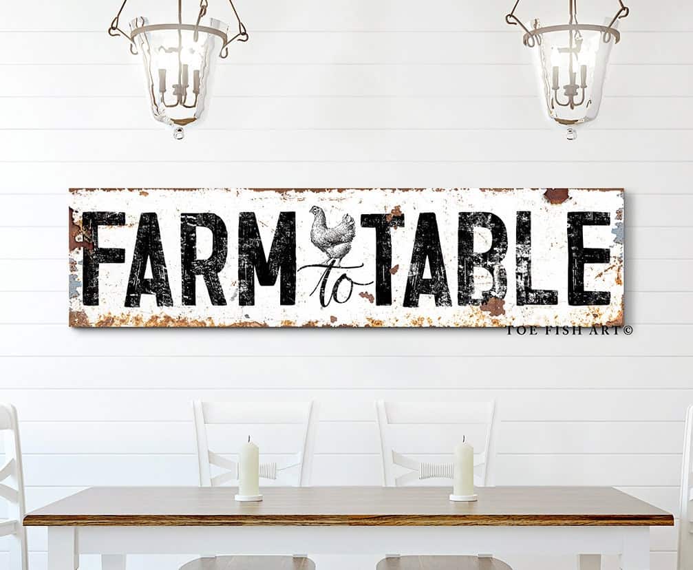 Rustic Farm to Table Sign handmade by ToeFishArt. Original, custom, personalized wall decor signs. Canvas, Wood or Metal. Rustic modern farmhouse, cottagecore, vintage, retro, industrial, Americana, primitive, country, coastal, minimalist.