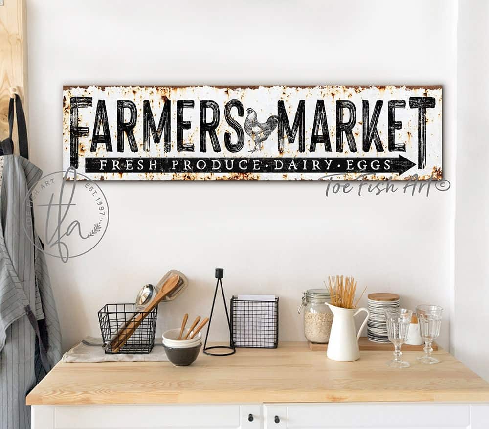 Rustic Farmers Market Sign Fresh Produce Dairy Eggs handmade by ToeFishArt. Original, custom, personalized wall decor signs. Canvas, Wood or Metal. Rustic modern farmhouse, cottagecore, vintage, retro, industrial, Americana, primitive, country, coastal, minimalist.