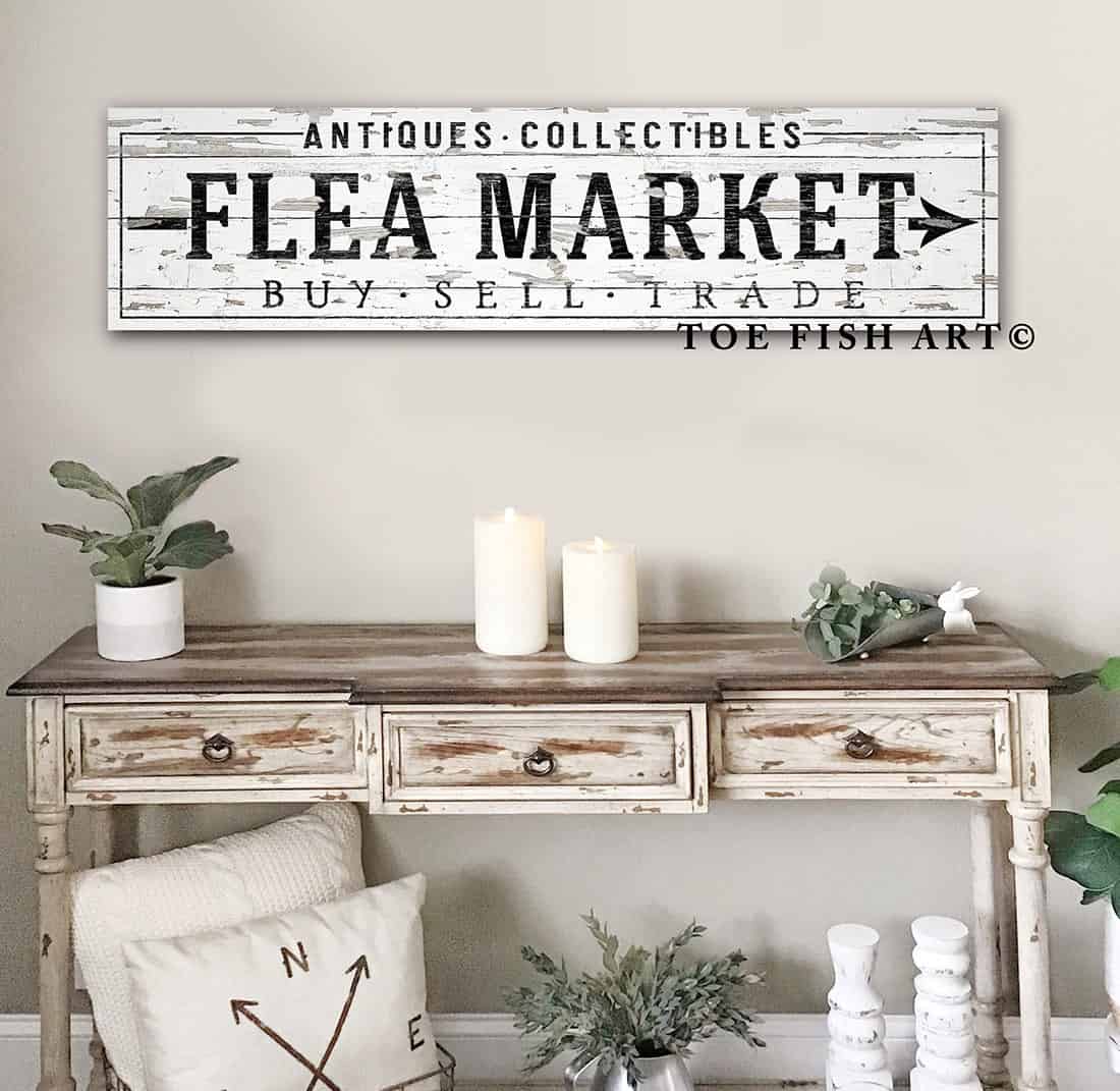 Rustic Flea Market Sign Buy Sell Trade handmade by ToeFishArt. Original, custom, personalized wall decor signs. Canvas, Wood or Metal. Rustic modern farmhouse, cottagecore, vintage, retro, industrial, Americana, primitive, country, coastal, minimalist.