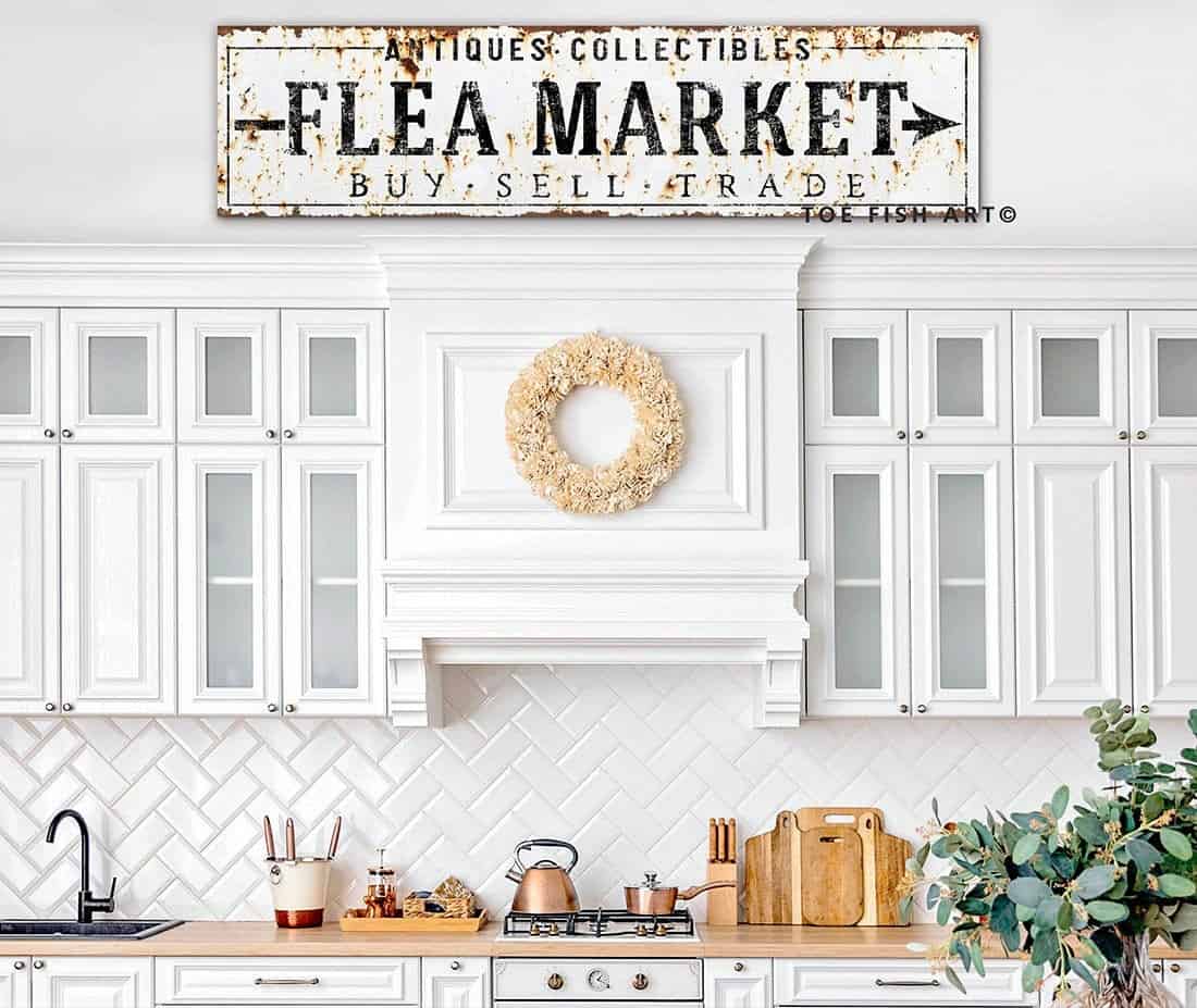 Rustic Flea Market Sign Buy Sell Trade handmade by ToeFishArt. Original, custom, personalized wall decor signs. Canvas, Wood or Metal. Rustic modern farmhouse, cottagecore, vintage, retro, industrial, Americana, primitive, country, coastal, minimalist.