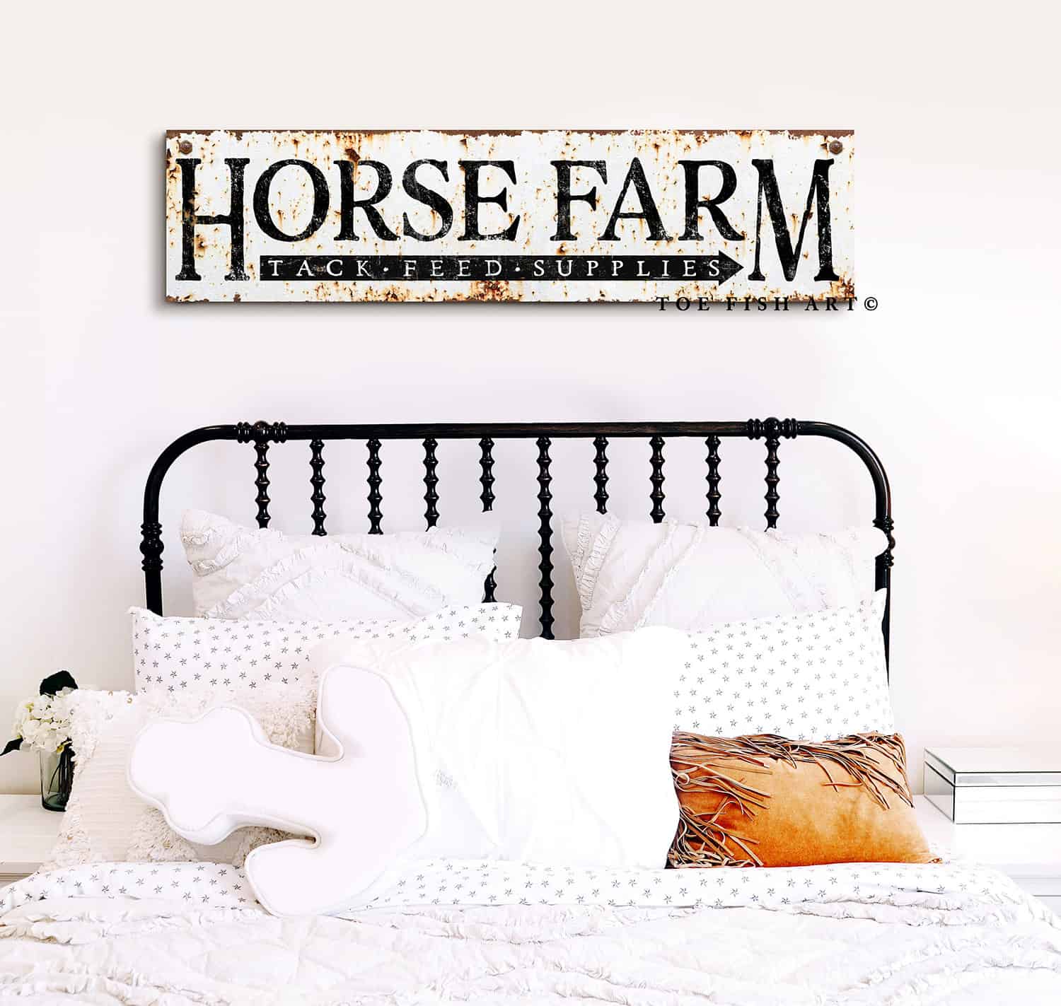 Rustic Horse Farm Sign handmade by ToeFishArt. Original, custom, personalized wall decor signs. Canvas, Wood or Metal. Rustic modern farmhouse, cottagecore, vintage, retro, industrial, Americana, primitive, country, coastal, minimalist.