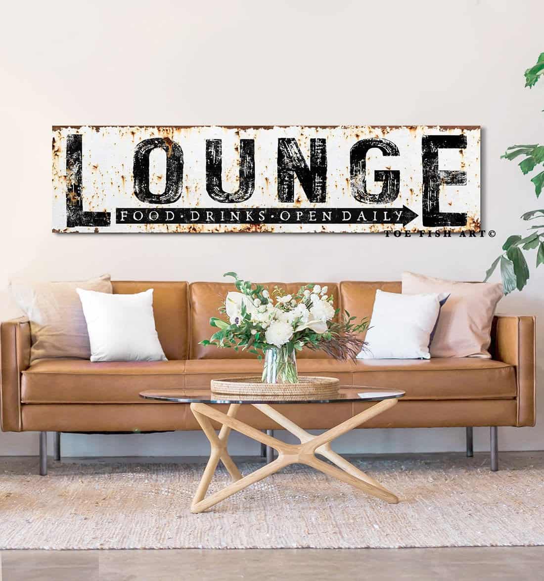 Rustic Lounge Sign for bar, theater, game room, living room, mancave handmade by ToeFishArt. Original, custom, personalized wall decor signs. Canvas, Wood or Metal. Rustic modern farmhouse, cottagecore, vintage, retro, industrial, Americana, primitive, country, coastal, minimalist.