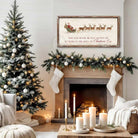 Rustic Christmas wall art featuring Santa Claus in a sleigh pulled by reindeer with the quote “May You Never Be Too Grown Up to Search the Skies on Christmas Eve.” Vintage farmhouse holiday décor perfect for adding nostalgic Christmas charm to your home.