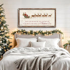 Rustic Christmas wall art featuring Santa Claus in a sleigh pulled by reindeer with the quote “May You Never Be Too Grown Up to Search the Skies on Christmas Eve.” Vintage farmhouse holiday décor perfect for adding nostalgic Christmas charm to your home.