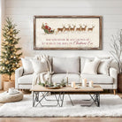 Rustic Christmas wall art featuring Santa Claus in a sleigh pulled by reindeer with the quote “May You Never Be Too Grown Up to Search the Skies on Christmas Eve.” Vintage farmhouse holiday décor perfect for adding nostalgic Christmas charm to your home.
