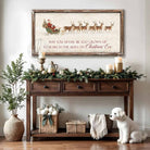Rustic Christmas wall art featuring Santa Claus in a sleigh pulled by reindeer with the quote “May You Never Be Too Grown Up to Search the Skies on Christmas Eve.” Vintage farmhouse holiday décor perfect for adding nostalgic Christmas charm to your home.