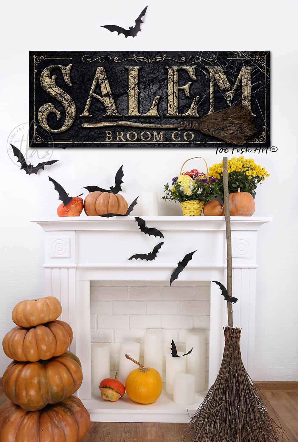 Salem Broom Co. Sign handmade by ToeFishArt. Original, custom, personalized wall decor signs. Canvas, Wood or Metal. Rustic modern farmhouse, cottagecore, vintage, retro, industrial, Americana, primitive, country, coastal, minimalist.