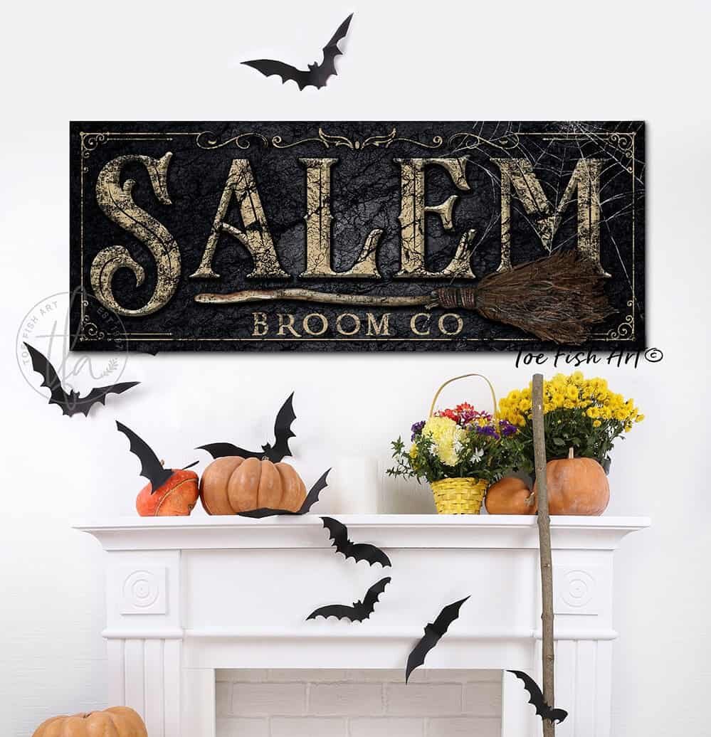 Salem Broom Co. Sign handmade by ToeFishArt. Original, custom, personalized wall decor signs. Canvas, Wood or Metal. Rustic modern farmhouse, cottagecore, vintage, retro, industrial, Americana, primitive, country, coastal, minimalist.