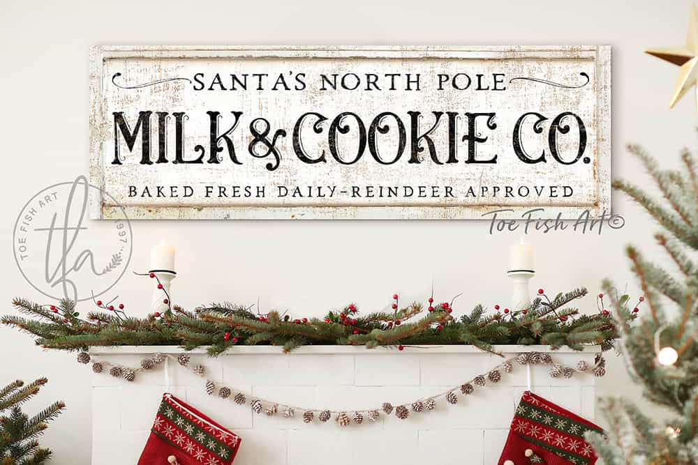 Santa's North Pole Milk & Cookie Co. Sign handmade by ToeFishArt. Original, custom, personalized wall decor signs. Canvas, Wood or Metal. Rustic modern farmhouse, cottagecore, vintage, retro, industrial, Americana, primitive, country, coastal, minimalist.