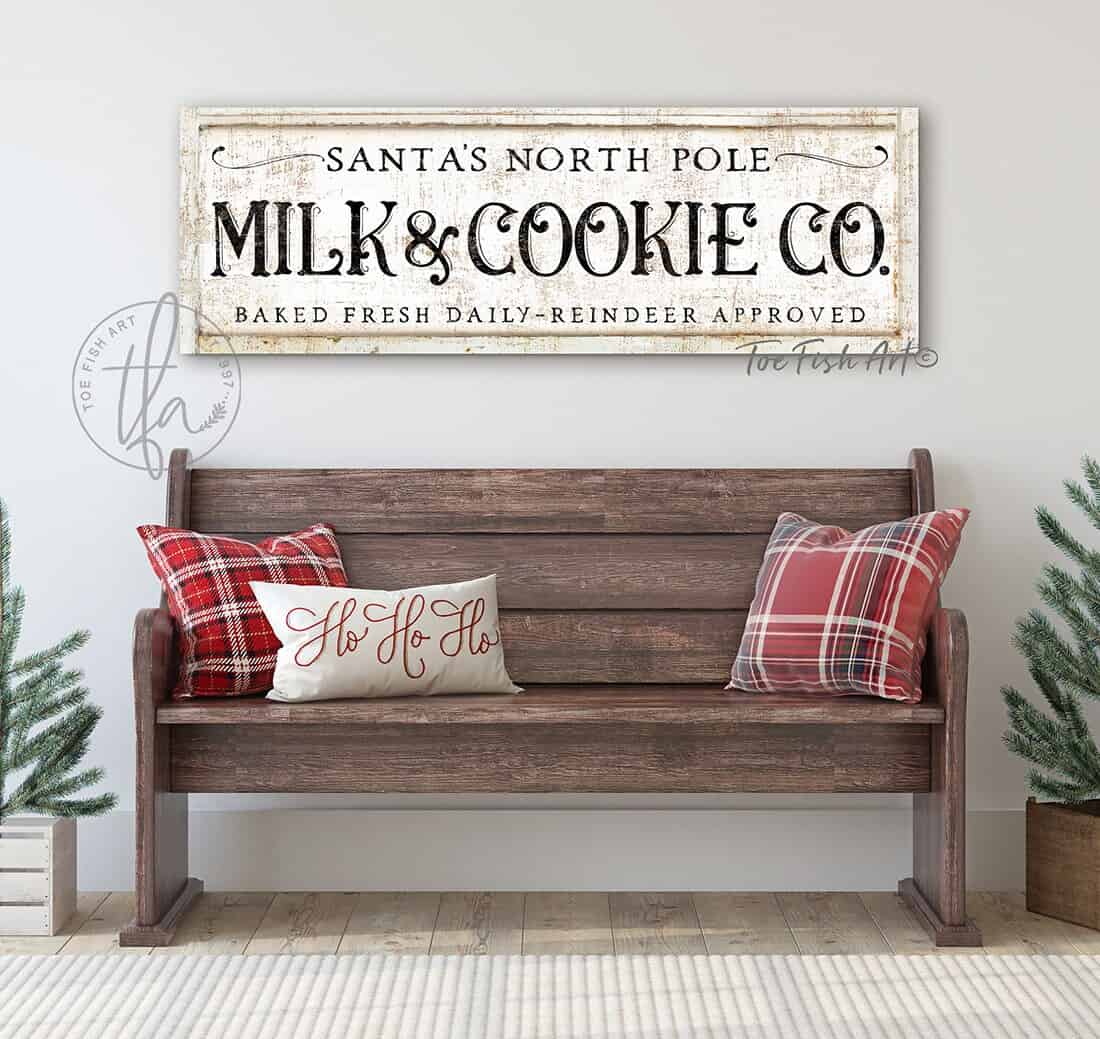 Santa's North Pole Milk & Cookie Co. Sign handmade by ToeFishArt. Original, custom, personalized wall decor signs. Canvas, Wood or Metal. Rustic modern farmhouse, cottagecore, vintage, retro, industrial, Americana, primitive, country, coastal, minimalist.