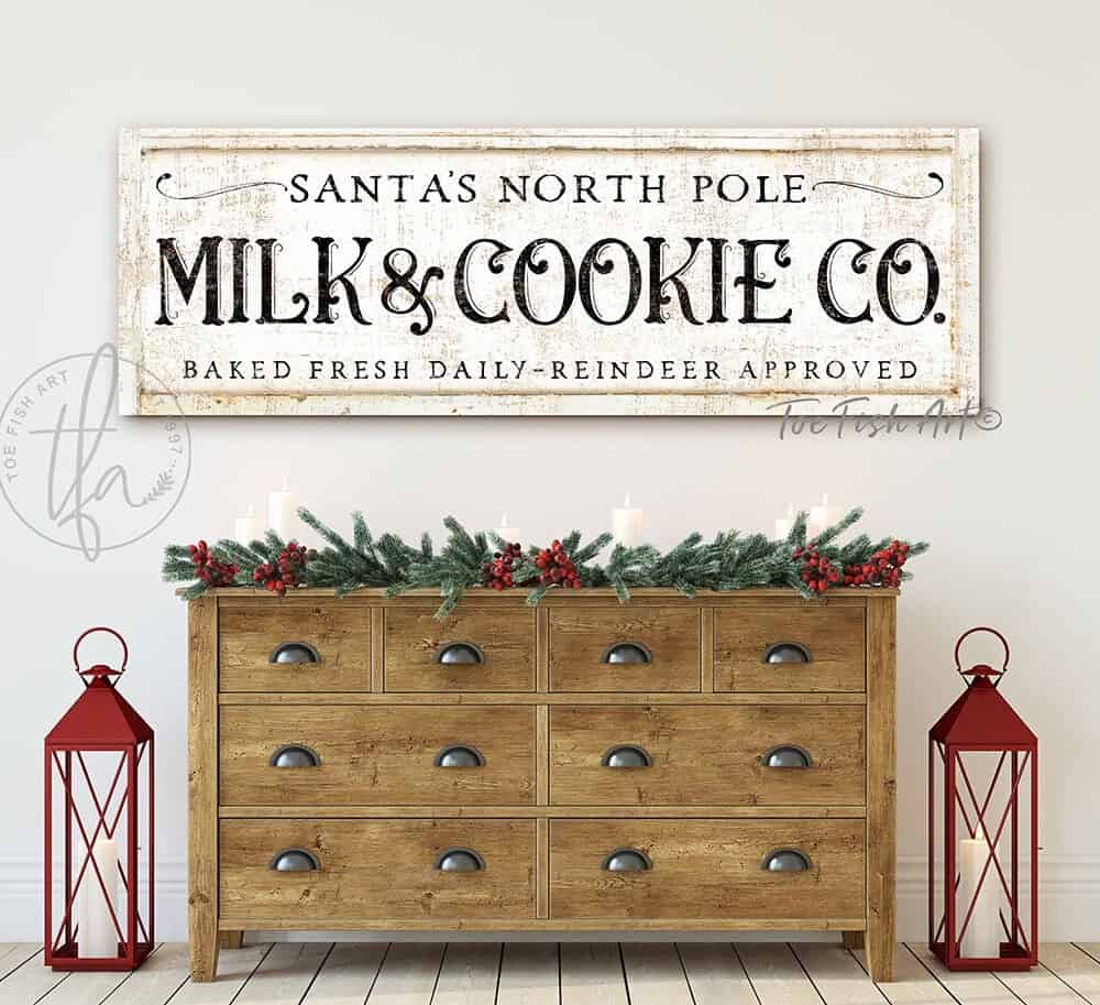 Santa's North Pole Milk & Cookie Co. Sign handmade by ToeFishArt. Original, custom, personalized wall decor signs. Canvas, Wood or Metal. Rustic modern farmhouse, cottagecore, vintage, retro, industrial, Americana, primitive, country, coastal, minimalist.