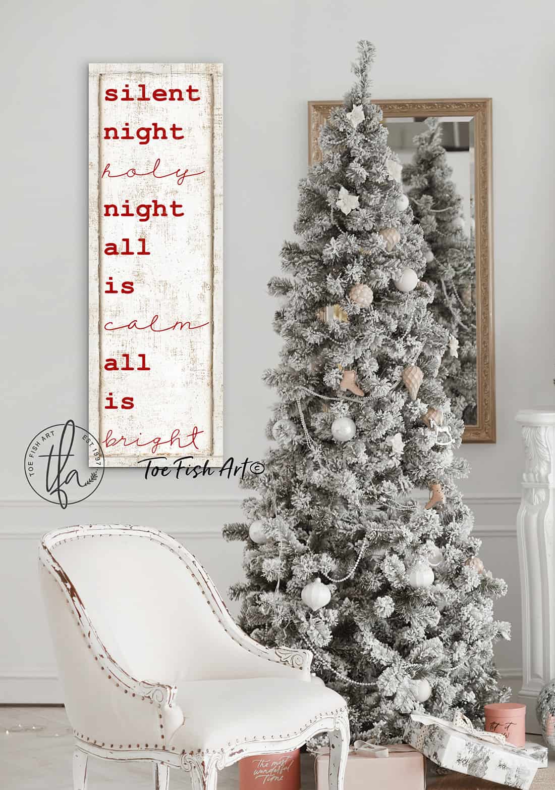 Silent Night Sign handmade by ToeFishArt. Original, custom, personalized wall decor signs. Canvas, Wood or Metal. Rustic modern farmhouse, cottagecore, vintage, retro, industrial, Americana, primitive, country, coastal, minimalist.