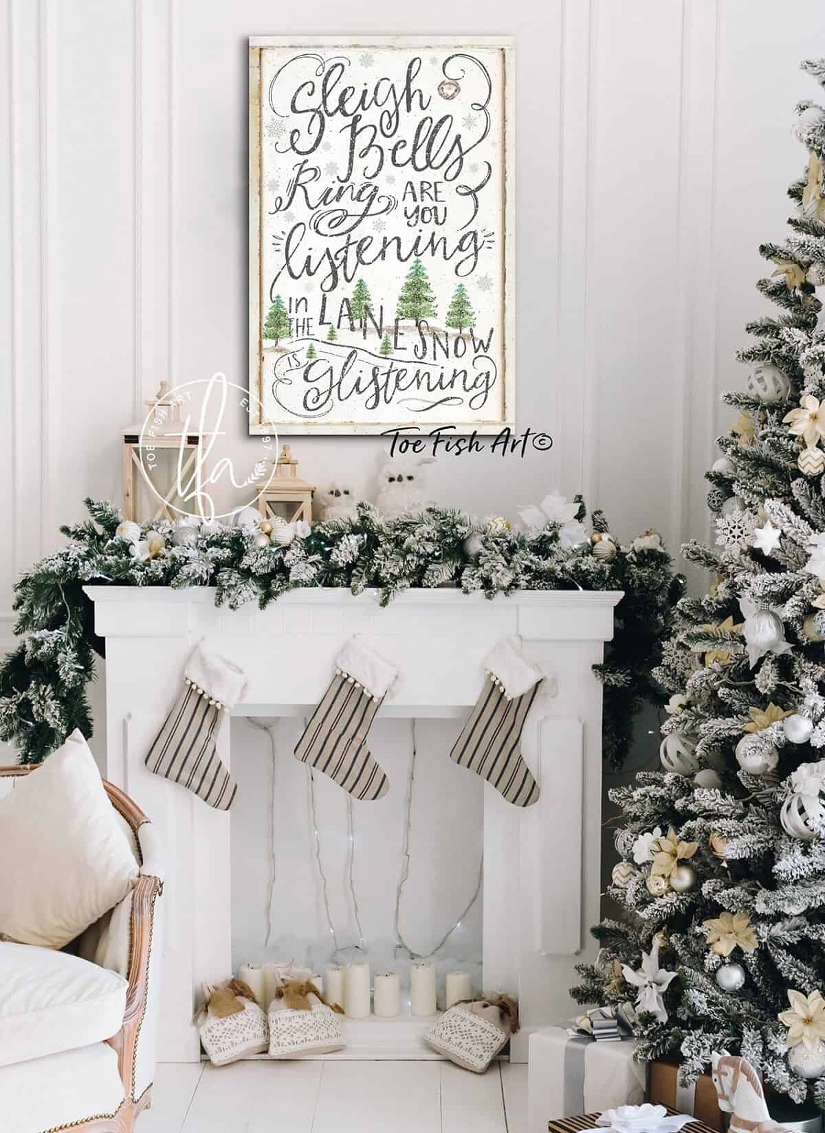 Sleigh Bells Ring Sign handmade by ToeFishArt. Original, custom, personalized wall decor signs. Canvas, Wood or Metal. Rustic modern farmhouse, cottagecore, vintage, retro, industrial, Americana, primitive, country, coastal, minimalist.