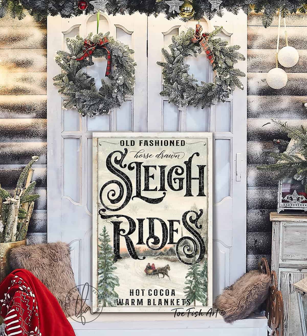 Old Fashioned Sleigh Rides sign handmade by ToeFishArt. Original, custom, personalized wall decor signs. Canvas, Wood or Metal. Rustic modern farmhouse, cottagecore, vintage, retro, industrial, Americana, primitive, country, coastal, minimalist.