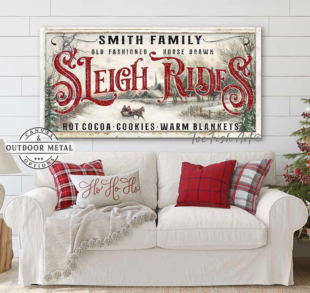 Old Fashioned Sleigh Rides Canvas or Metal Sign personalize-able holiday decor