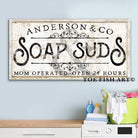 Soap & Suds Sign handmade by ToeFishArt. Original, custom, personalized wall decor signs. Canvas, Wood or Metal. Rustic modern farmhouse, cottagecore, vintage, retro, industrial, Americana, primitive, country, coastal, minimalist.
