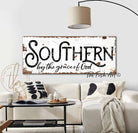 Southern By the Grace of God Sign handmade by ToeFishArt. Original, custom, personalized wall decor signs. Canvas, Wood or Metal. Rustic modern farmhouse, cottagecore, vintage, retro, industrial, Americana, primitive, country, coastal, minimalist.