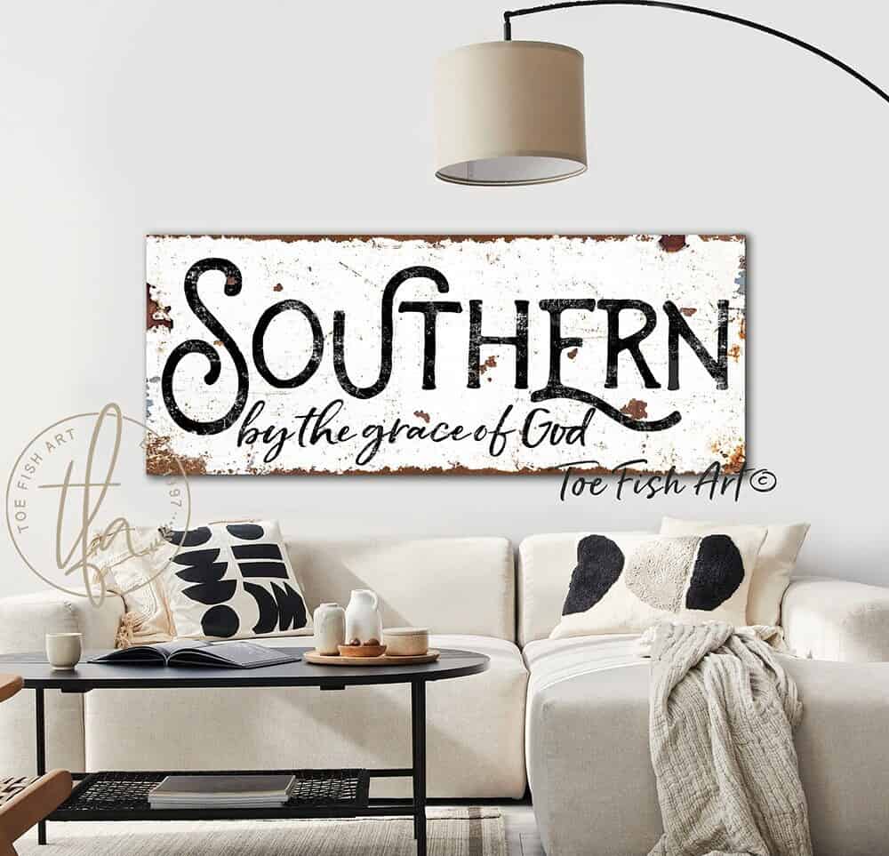 Southern By the Grace of God Sign handmade by ToeFishArt. Original, custom, personalized wall decor signs. Canvas, Wood or Metal. Rustic modern farmhouse, cottagecore, vintage, retro, industrial, Americana, primitive, country, coastal, minimalist.