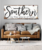 Southern By the Grace of God Sign handmade by ToeFishArt. Original, custom, personalized wall decor signs. Canvas, Wood or Metal. Rustic modern farmhouse, cottagecore, vintage, retro, industrial, Americana, primitive, country, coastal, minimalist.