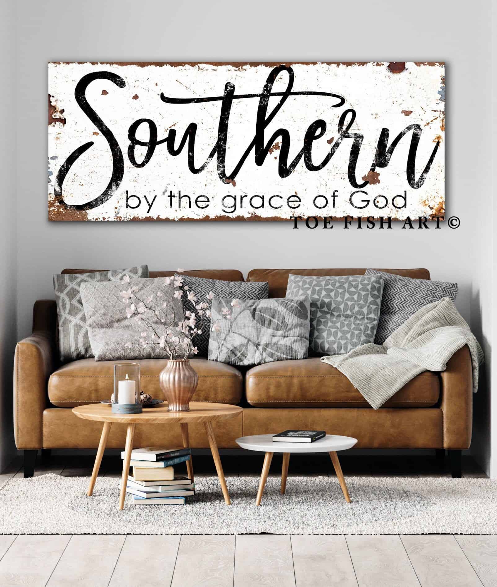 Southern By the Grace of God Sign handmade by ToeFishArt. Original, custom, personalized wall decor signs. Canvas, Wood or Metal. Rustic modern farmhouse, cottagecore, vintage, retro, industrial, Americana, primitive, country, coastal, minimalist.