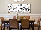 Southern By the Grace of God Sign handmade by ToeFishArt. Original, custom, personalized wall decor signs. Canvas, Wood or Metal. Rustic modern farmhouse, cottagecore, vintage, retro, industrial, Americana, primitive, country, coastal, minimalist.