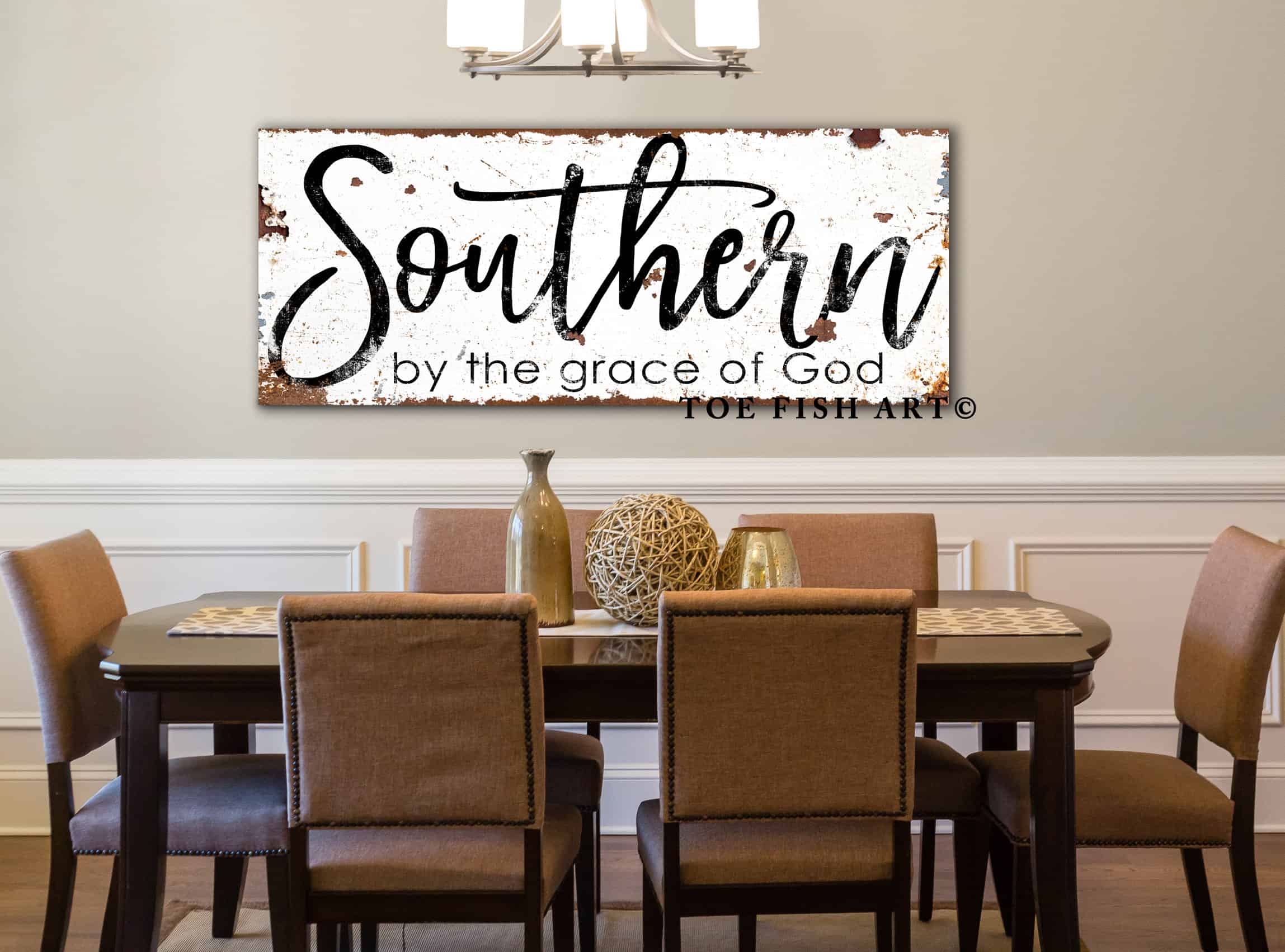 Southern By the Grace of God Sign handmade by ToeFishArt. Original, custom, personalized wall decor signs. Canvas, Wood or Metal. Rustic modern farmhouse, cottagecore, vintage, retro, industrial, Americana, primitive, country, coastal, minimalist.