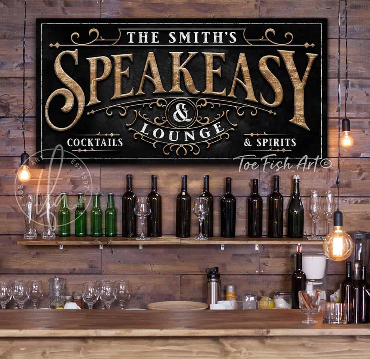 Speakeasy Bar Lounge Sign Man Cave Personalized Name Custom Vintage Modern Farmhouse ToeFishArt handmade by ToeFishArt. Original, custom, personalized wall decor signs. Canvas, Wood or Metal. Rustic modern farmhouse, cottagecore, vintage, retro, industrial, Americana, primitive, country, coastal, minimalist.