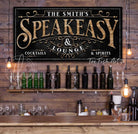 Speakeasy Bar Lounge Sign Man Cave Personalized Name Custom Vintage Modern Farmhouse ToeFishArt handmade by ToeFishArt. Original, custom, personalized wall decor signs. Canvas, Wood or Metal. Rustic modern farmhouse, cottagecore, vintage, retro, industrial, Americana, primitive, country, coastal, minimalist.