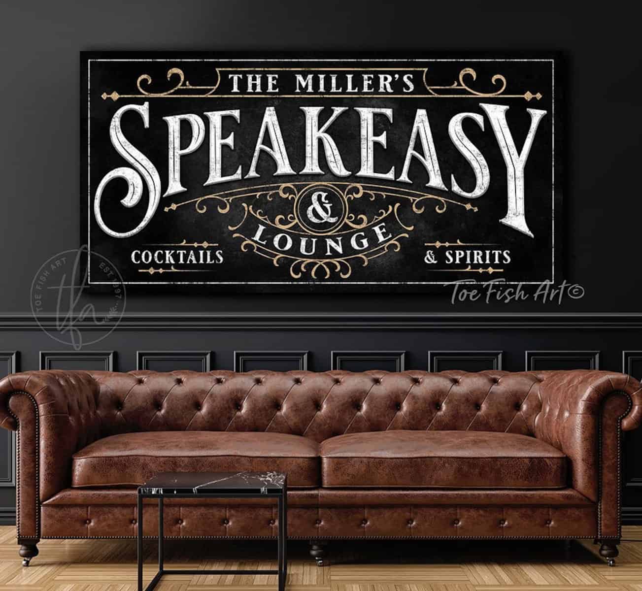 Speakeasy Bar Lounge Sign Man Cave Personalized Name Custom Vintage Modern Farmhouse ToeFishArt handmade by ToeFishArt. Original, custom, personalized wall decor signs. Canvas, Wood or Metal. Rustic modern farmhouse, cottagecore, vintage, retro, industrial, Americana, primitive, country, coastal, minimalist.