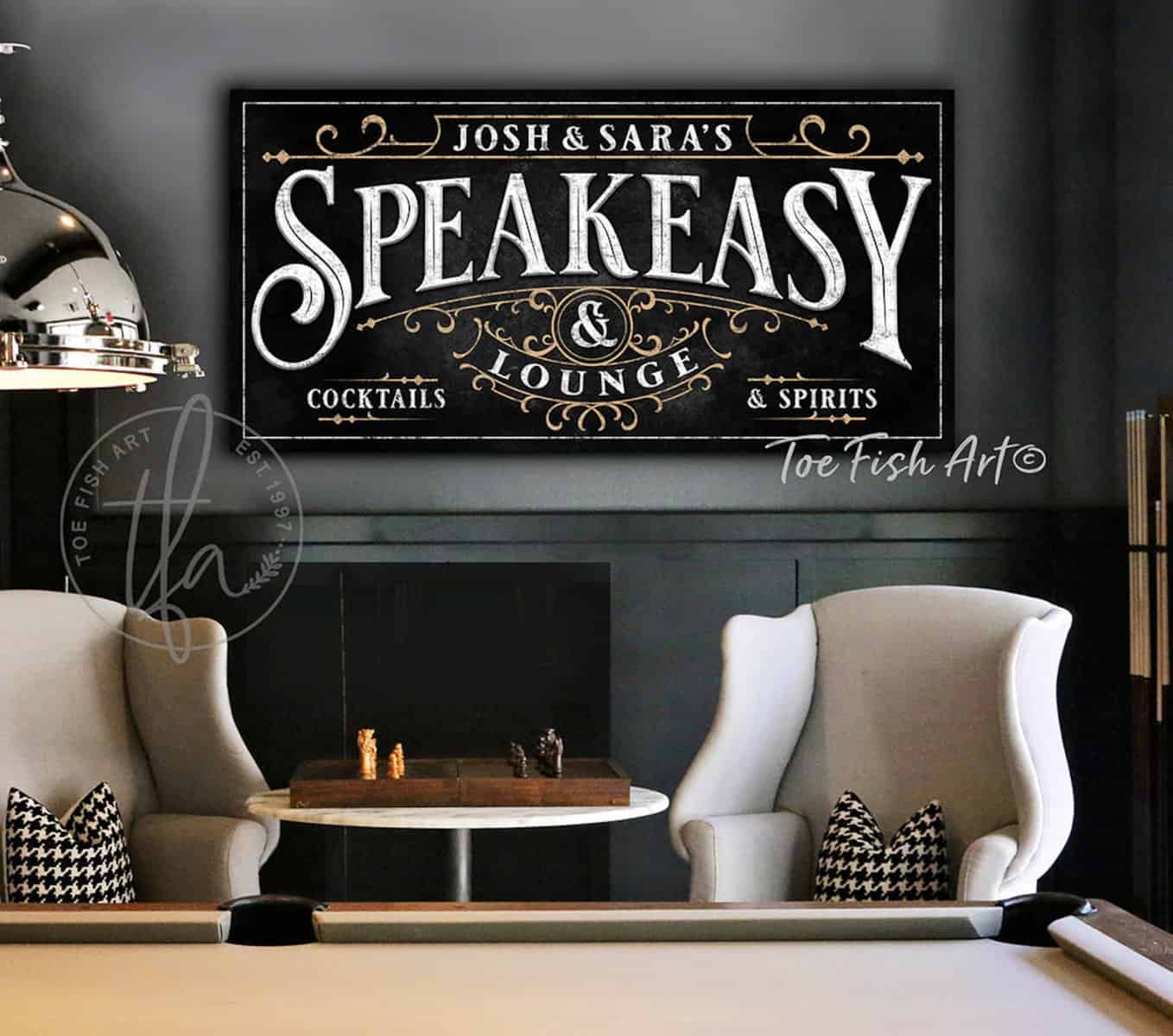 Speakeasy & Lounge Personalized Name Sign, Vintage Roaring 1920s Parisian Inspired Gatsby Style Wall Décor handmade by ToeFishArt. Original, custom, personalized wall decor signs. Canvas, Wood or Metal. Rustic modern farmhouse, cottagecore, vintage, retro, industrial, Americana, primitive, country, coastal, minimalist.