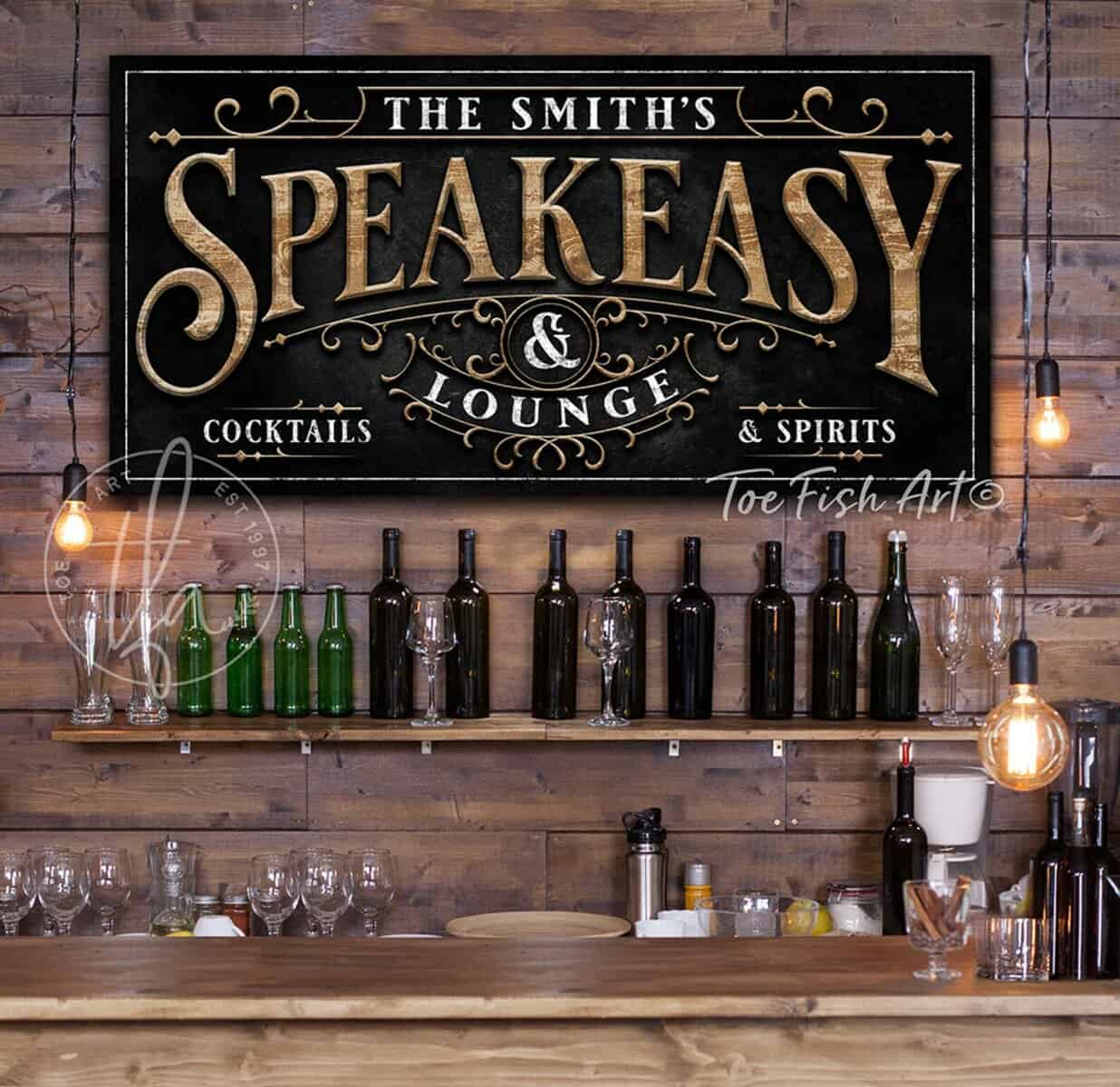 Speakeasy & Lounge Personalized Name Sign, Vintage Roaring 1920s Parisian Inspired Gatsby Style Wall Décor handmade by ToeFishArt. Original, custom, personalized wall decor signs. Canvas, Wood or Metal. Rustic modern farmhouse, cottagecore, vintage, retro, industrial, Americana, primitive, country, coastal, minimalist.
