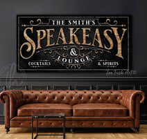 Speakeasy & Lounge Personalized Name Sign, Vintage Roaring 1920s Parisian Inspired Gatsby Style Wall Décor handmade by ToeFishArt. Original, custom, personalized wall decor signs. Canvas, Wood or Metal. Rustic modern farmhouse, cottagecore, vintage, retro, industrial, Americana, primitive, country, coastal, minimalist.