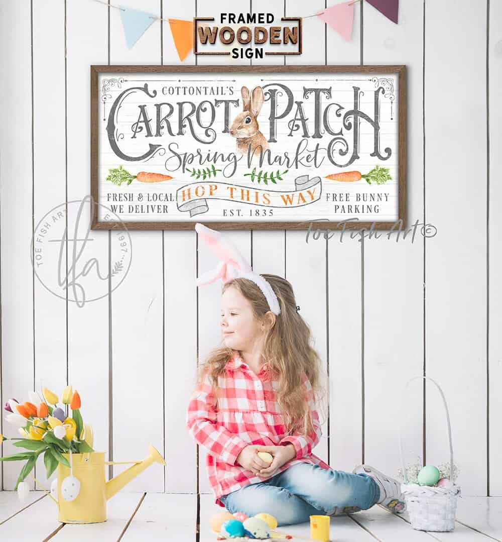 Spring Decor Easter Decoration, Cottontail's Carrot Patch Spring Market Sign, Beautiful Artwork with Vintage Whimsy, Framed Hardwood Shiplap handmade by ToeFishArt. Original, custom, personalized wall decor signs. Canvas, Wood or Metal. Rustic modern farmhouse, cottagecore, vintage, retro, industrial, Americana, primitive, country, coastal, minimalist.
