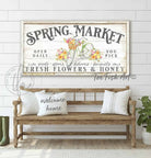 Spring Market Fresh Flowers & Honey Sign, Vintage Bicycle Floral Artwork in Country Modern Farmhouse Style handmade by ToeFishArt. Original, custom, personalized wall decor signs. Canvas, Wood or Metal. Rustic modern farmhouse, cottagecore, vintage, retro, industrial, Americana, primitive, country, coastal, minimalist.