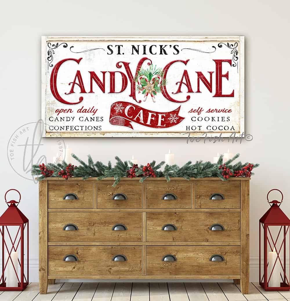 St. Nick's Candy Cane Café Sign Candy Canes Confections Cookies Hot Cooca handmade by ToeFishArt. Original, custom, personalized wall decor signs. Canvas, Wood or Metal. Rustic modern farmhouse, cottagecore, vintage, retro, industrial, Americana, primitive, country, coastal, minimalist.