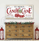 St. Nick's Candy Cane Café Sign Candy Canes Confections Cookies Hot Cooca handmade by ToeFishArt. Original, custom, personalized wall decor signs. Canvas, Wood or Metal. Rustic modern farmhouse, cottagecore, vintage, retro, industrial, Americana, primitive, country, coastal, minimalist.