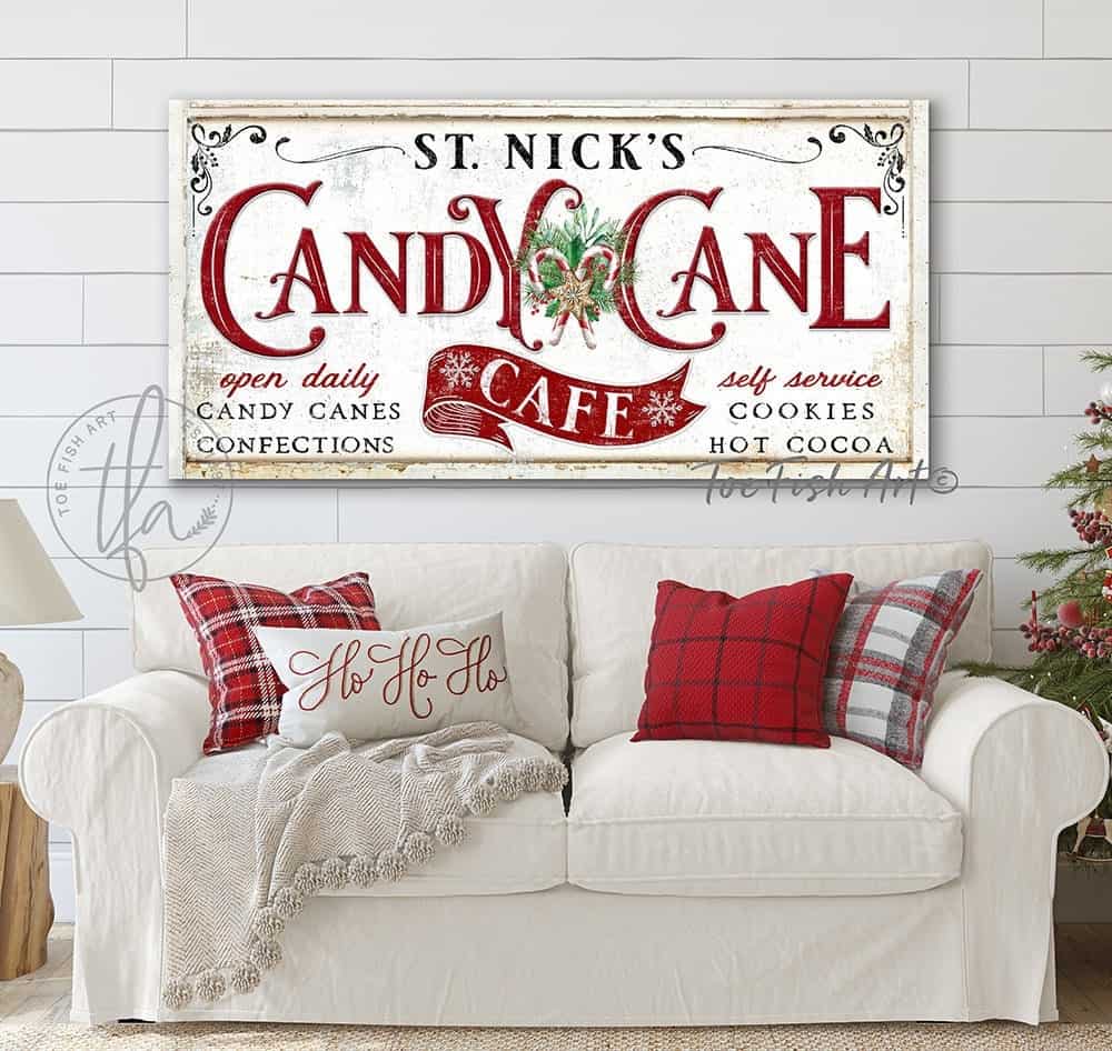 St. Nick's Candy Cane Café Sign Candy Canes Confections Cookies Hot Cooca handmade by ToeFishArt. Original, custom, personalized wall decor signs. Canvas, Wood or Metal. Rustic modern farmhouse, cottagecore, vintage, retro, industrial, Americana, primitive, country, coastal, minimalist.