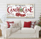 St. Nick's Candy Cane Café Sign Candy Canes Confections Cookies Hot Cooca handmade by ToeFishArt. Original, custom, personalized wall decor signs. Canvas, Wood or Metal. Rustic modern farmhouse, cottagecore, vintage, retro, industrial, Americana, primitive, country, coastal, minimalist.
