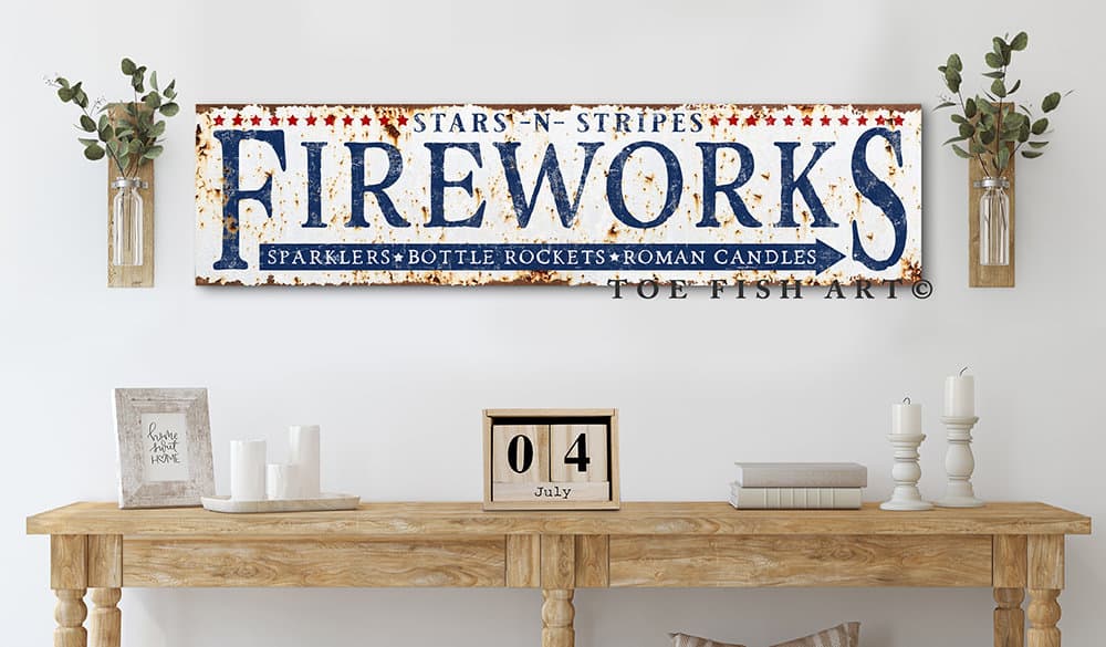 Stars-N-Stripes Fireworks stand Sign handmade by ToeFishArt. Original, custom, personalized wall decor signs. Canvas, Wood or Metal. Rustic modern farmhouse, cottagecore, vintage, retro, industrial, Americana, primitive, country, coastal, minimalist.