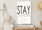 Stay Awhile Sign handmade by ToeFishArt. Original, custom, personalized wall decor signs. Canvas, Wood or Metal. Rustic modern farmhouse, cottagecore, vintage, retro, industrial, Americana, primitive, country, coastal, minimalist.