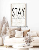 Stay Awhile Sign handmade by ToeFishArt. Original, custom, personalized wall decor signs. Canvas, Wood or Metal. Rustic modern farmhouse, cottagecore, vintage, retro, industrial, Americana, primitive, country, coastal, minimalist.
