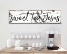 Sweet Tea & Jesus Sign handmade by ToeFishArt. Original, custom, personalized wall decor signs. Canvas, Wood or Metal. Rustic modern farmhouse, cottagecore, vintage, retro, industrial, Americana, primitive, country, coastal, minimalist.