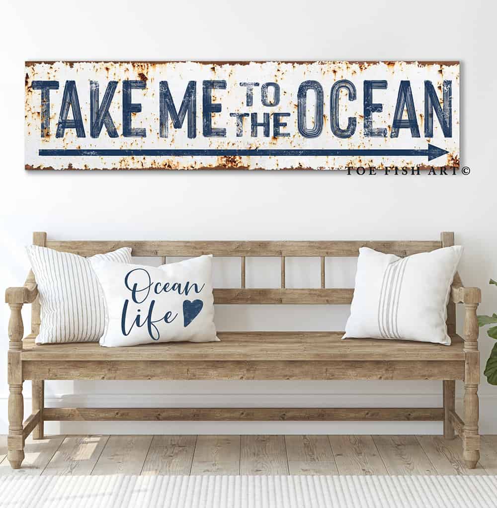 Take Me to the Lake Sign handmade by ToeFishArt. Original, custom, personalized wall decor signs. Canvas, Wood or Metal. Rustic modern farmhouse, cottagecore, vintage, retro, industrial, Americana, primitive, country, coastal, minimalist.