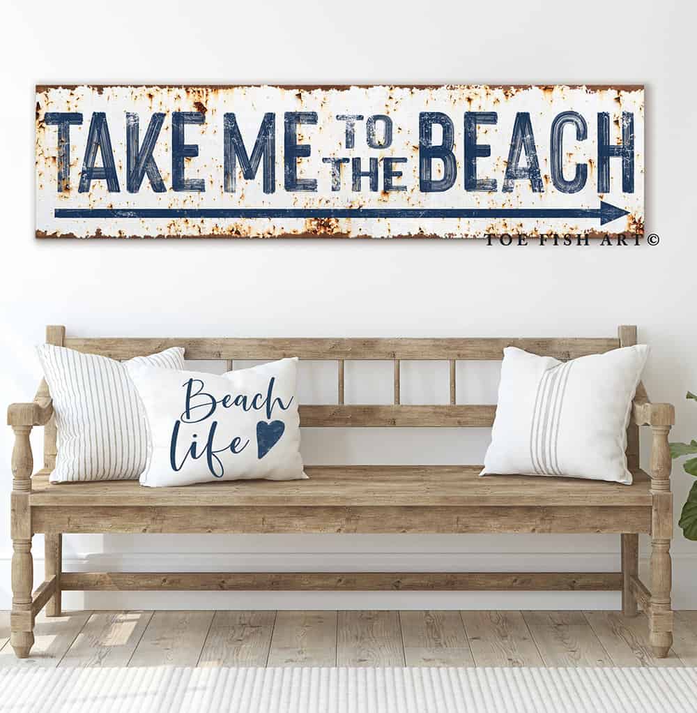 Take Me to the Lake Sign handmade by ToeFishArt. Original, custom, personalized wall decor signs. Canvas, Wood or Metal. Rustic modern farmhouse, cottagecore, vintage, retro, industrial, Americana, primitive, country, coastal, minimalist.