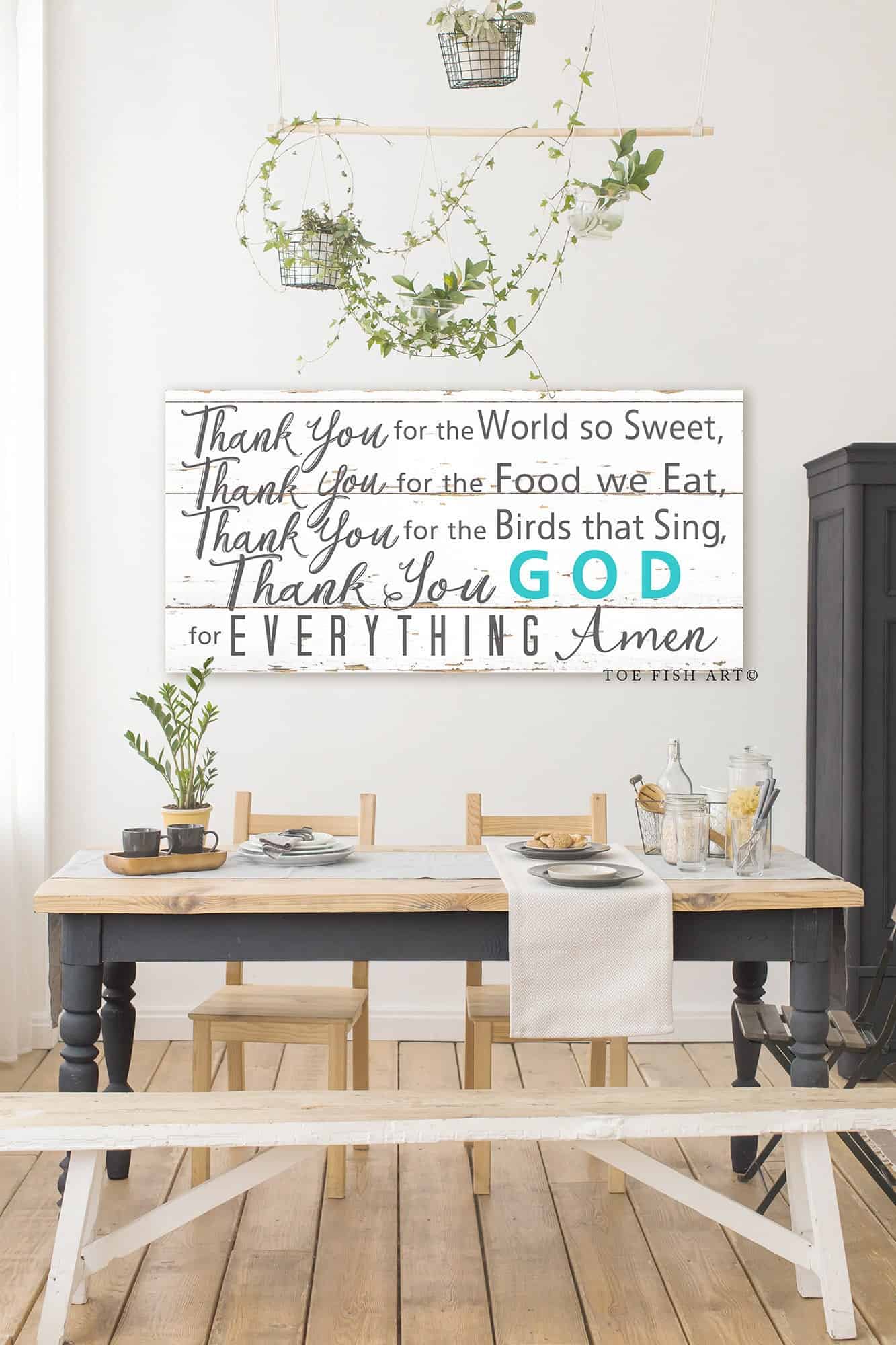 Thank You for the Food We Eat Sign handmade by ToeFishArt. Original, custom, personalized wall decor signs. Canvas, Wood or Metal. Rustic modern farmhouse, cottagecore, vintage, retro, industrial, Americana, primitive, country, coastal, minimalist.