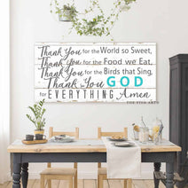 Thank You for the Food We Eat Sign handmade by ToeFishArt. Original, custom, personalized wall decor signs. Canvas, Wood or Metal. Rustic modern farmhouse, cottagecore, vintage, retro, industrial, Americana, primitive, country, coastal, minimalist.