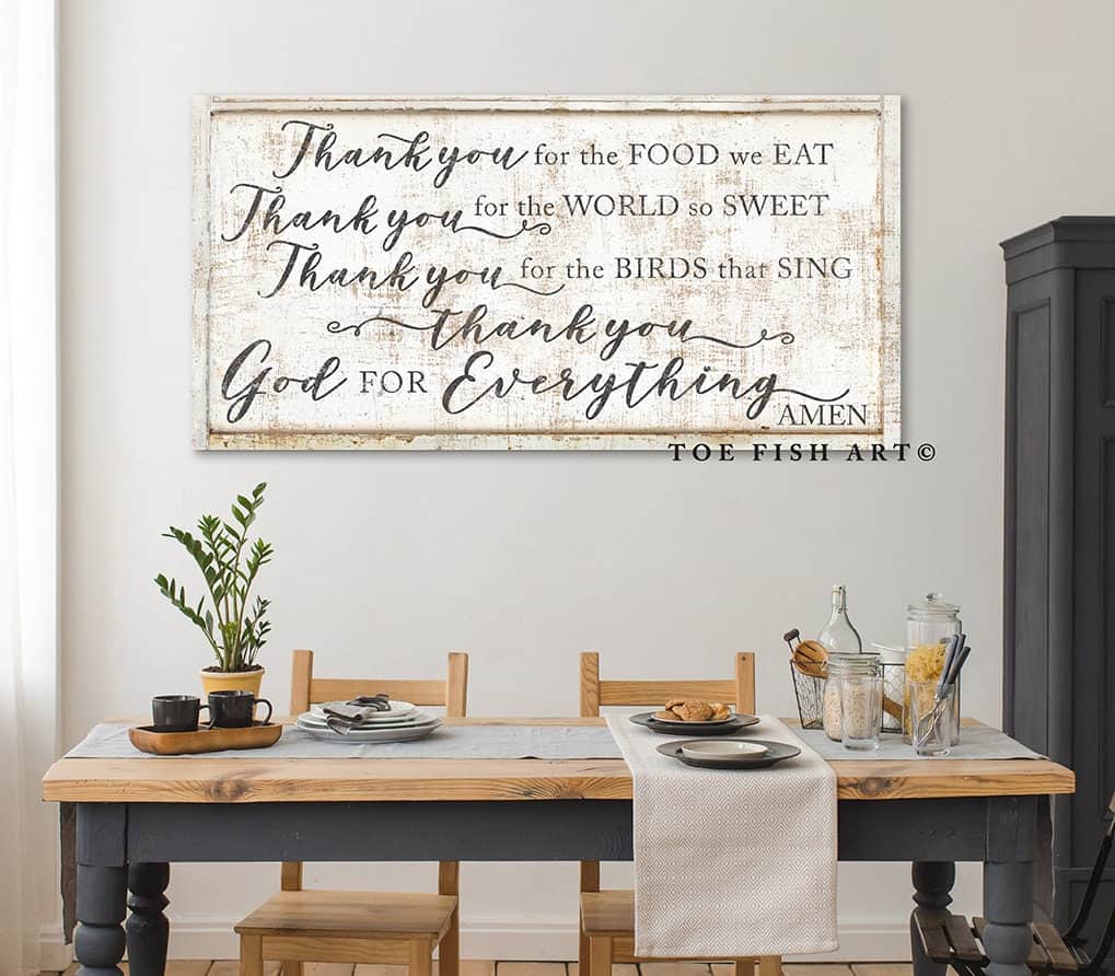Thank You for the Food We Eat Sign handmade by ToeFishArt. Original, custom, personalized wall decor signs. Canvas, Wood or Metal. Rustic modern farmhouse, cottagecore, vintage, retro, industrial, Americana, primitive, country, coastal, minimalist.