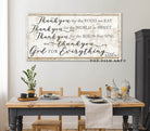 Thank You for the Food We Eat Sign handmade by ToeFishArt. Original, custom, personalized wall decor signs. Canvas, Wood or Metal. Rustic modern farmhouse, cottagecore, vintage, retro, industrial, Americana, primitive, country, coastal, minimalist.