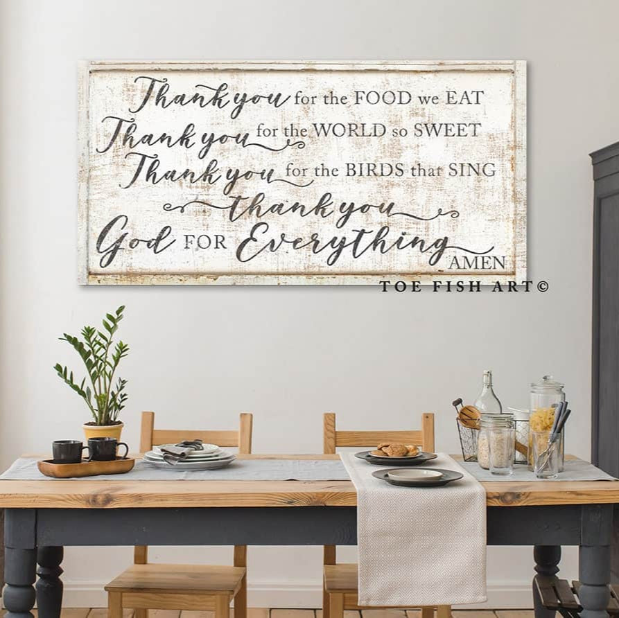 Thank You for the Food We Eat Sign handmade by ToeFishArt. Original, custom, personalized wall decor signs. Canvas, Wood or Metal. Rustic modern farmhouse, cottagecore, vintage, retro, industrial, Americana, primitive, country, coastal, minimalist.